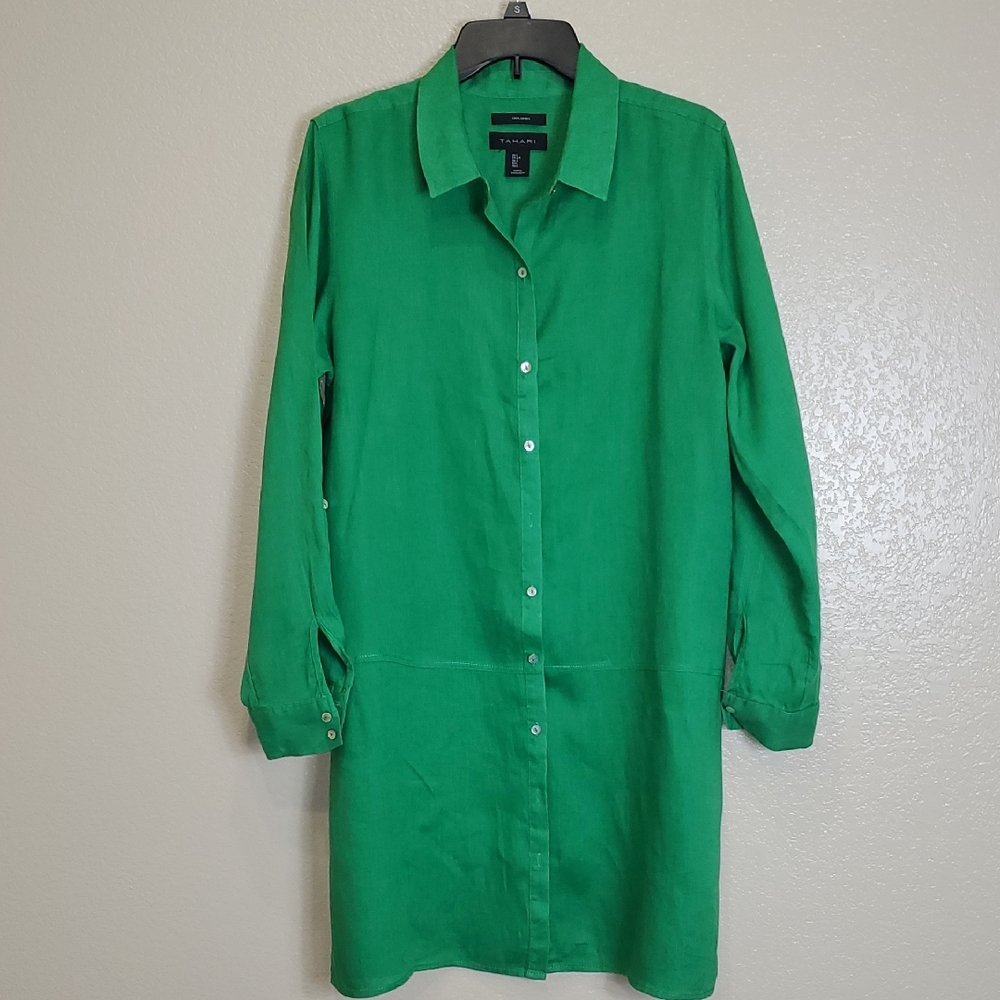 Tahari 100% Linen Button-Up Collared  Tunic Shirt Dress Large Kelly Green